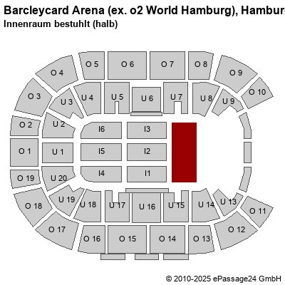 Saalplan Barcleycard Arena (ex. o2 World Hamburg), Hamburg, Deutschland, Innenraum bestuhlt (halb)