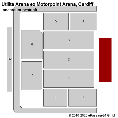 Saalplan Utilita Arena ex Motorpoint Arena, Cardiff, Großbritannien, Innenraum bestuhlt