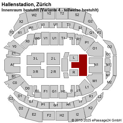 Saalplan Hallenstadion, Zürich, Schweiz, Innenraum bestuhlt (Variante 4 - teilweise bestuhlt)