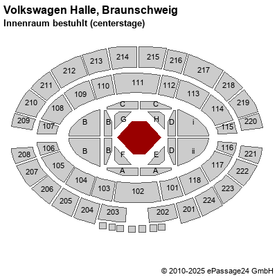 Saalplan Volkswagen Halle, Braunschweig, Deutschland, Innenraum bestuhlt (centerstage)