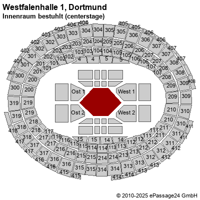 Saalplan Westfalenhalle 1, Dortmund, Deutschland, Innenraum bestuhlt (centerstage)