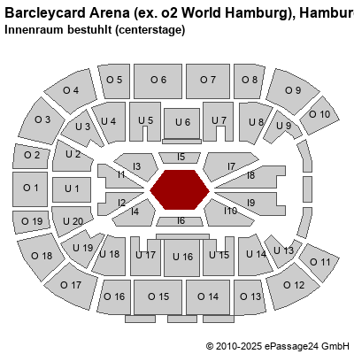 Saalplan Barcleycard Arena (ex. o2 World Hamburg), Hamburg, Deutschland, Innenraum bestuhlt (centerstage)