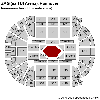 Saalplan ZAG (ex TUI Arena), Hannover, Deutschland, Innenraum bestuhlt (centerstage)
