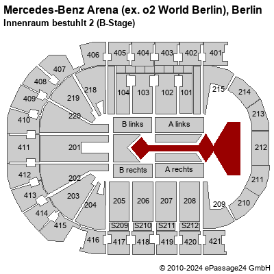 Saalplan Mercedes-Benz Arena (ex. o2 World Berlin), Berlin, Deutschland, Innenraum bestuhlt 2 (B-Stage) 
