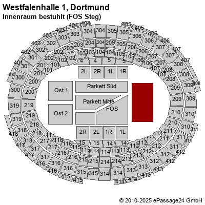 Saalplan Westfalenhalle 1, Dortmund, Deutschland, Innenraum bestuhlt (FOS Steg)