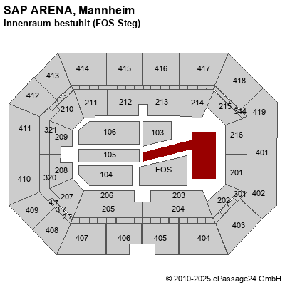 Saalplan SAP ARENA, Mannheim, Deutschland, Innenraum bestuhlt (FOS Steg)