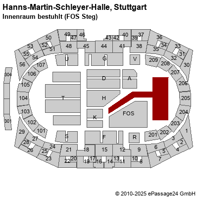 Saalplan Hanns-Martin-Schleyer-Halle, Stuttgart, Deutschland, Innenraum bestuhlt (FOS Steg)