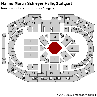 Saalplan Hanns-Martin-Schleyer-Halle, Stuttgart, Deutschland, Innenraum bestuhlt (Center Stage 2)