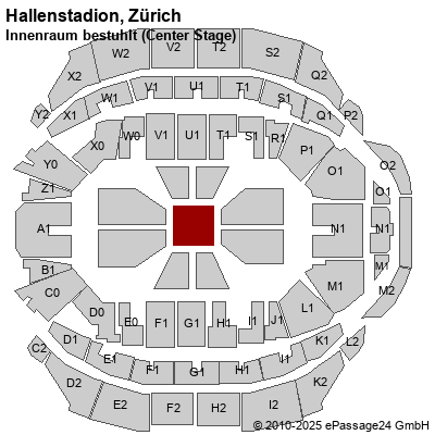 Saalplan Hallenstadion, Zürich, Schweiz, Innenraum bestuhlt (Center Stage)