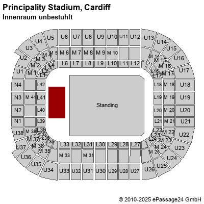 Saalplan Millennium Stadium, Cardiff, Großbritannien, Innenraum unbestuhlt