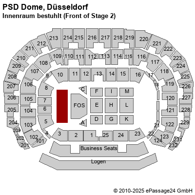 Saalplan ISS Dome, Düsseldorf, Deutschland, Innenraum bestuhlt (Front of Stage 2)