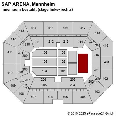 Saalplan SAP ARENA, Mannheim, Deutschland, Innenraum bestuhlt (stage links+rechts)