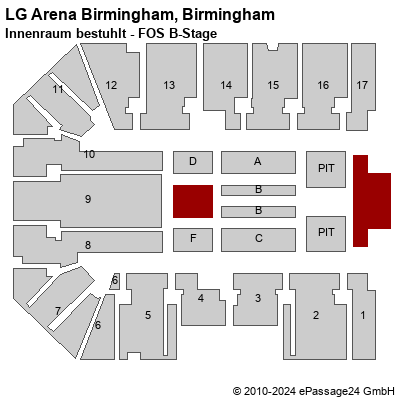 Saalplan LG Arena Birmingham, Birmingham, Großbritannien, Innenraum bestuhlt - FOS B-Stage