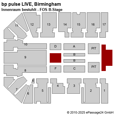 Saalplan bp pulse LIVE, Birmingham, Großbritannien, Innenraum bestuhlt - FOS B-Stage