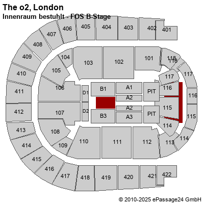 Saalplan The o2, London, Großbritannien, Innenraum bestuhlt - FOS B-Stage