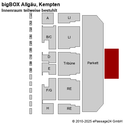Saalplan bigBOX Allgäu, Kempten, Deutschland, Innenraum teilweise bestuhlt