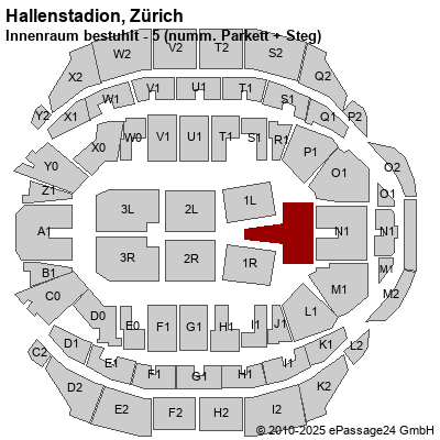 Saalplan Hallenstadion, Zürich, Schweiz, Innenraum bestuhlt - 5 (numm. Parkett + Steg)