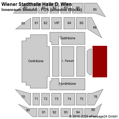 Saalplan Wiener Stadthalle Halle D, Wien, Österreich, Innenraum bestuhlt - FOS (einzelne Blöcke)