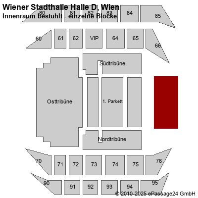 Saalplan Wiener Stadthalle Halle D, Wien, Österreich, Innenraum bestuhlt - einzelne Blöcke