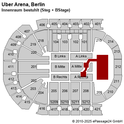 Saalplan Mercedes-Benz Arena (ex. o2 World Berlin), Berlin, Deutschland, Innenraum bestuhlt (Steg + BStage)