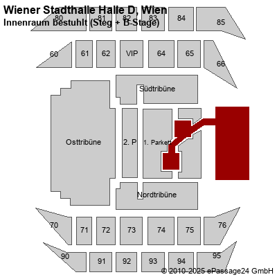 Saalplan Wiener Stadthalle Halle D, Wien, Österreich, Innenraum bestuhlt (Steg + B-Stage)