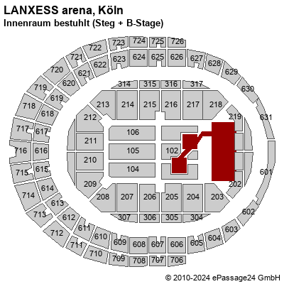 Saalplan LANXESS arena, Köln, Deutschland, Innenraum bestuhlt (Steg + B-Stage)