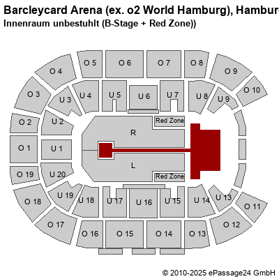 Saalplan Barcleycard Arena (ex. o2 World Hamburg), Hamburg, Deutschland, Innenraum unbestuhlt (B-Stage + Red Zone))