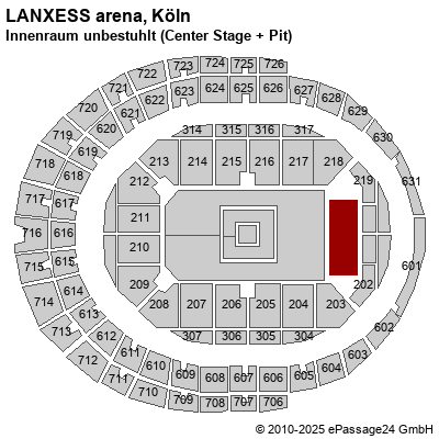 Saalplan LANXESS arena, Köln, Deutschland, Innenraum unbestuhlt (Center Stage + Pit)