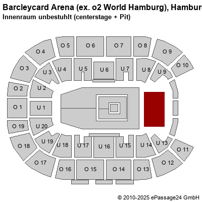 Saalplan Barcleycard Arena (ex. o2 World Hamburg), Hamburg, Deutschland, Innenraum unbestuhlt (centerstage + Pit)