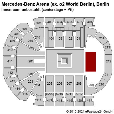 Saalplan Mercedes-Benz Arena (ex. o2 World Berlin), Berlin, Deutschland, Innenraum unbestuhlt (centerstage + Pit)