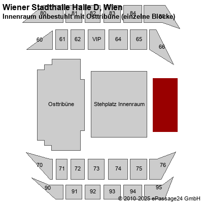 Saalplan Wiener Stadthalle Halle D, Wien, Österreich, Innenraum unbestuhlt mit Osttribüne (einzelne Blöcke)