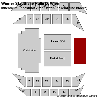 Saalplan Wiener Stadthalle Halle D, Wien, Österreich, Innenraum unbestuhlt 2 mit Osttribüne (einzelne Blöcke)