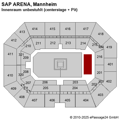 Saalplan SAP ARENA, Mannheim, Deutschland, Innenraum unbestuhlt (centerstage + Pit)