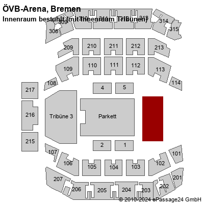 Saalplan ÖVB-Arena, Bremen, Deutschland, Innenraum bestuhlt (mit Innenraum Tribünen)
