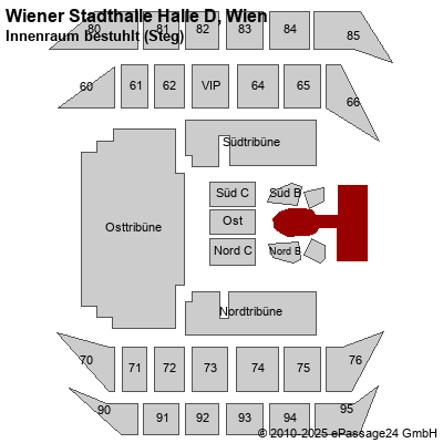 Saalplan Wiener Stadthalle Halle D, Wien, Österreich, Innenraum bestuhlt (Steg)