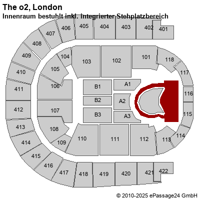 Saalplan The o2, London, Großbritannien, Innenraum bestuhlt inkl. integrierter Stehplatzbereich