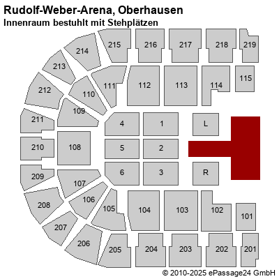 Saalplan König-Pilsener-ARENA, Oberhausen, Deutschland, Innenraum bestuhlt mit Stehplätzen