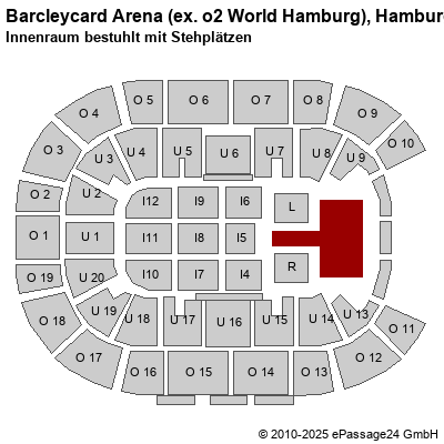 Saalplan Barcleycard Arena (ex. o2 World Hamburg), Hamburg, Deutschland, Innenraum bestuhlt mit Stehplätzen