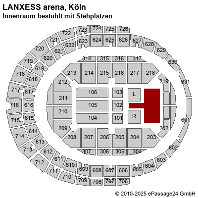 Saalplan LANXESS arena, Köln, Deutschland, Innenraum bestuhlt mit Stehplätzen