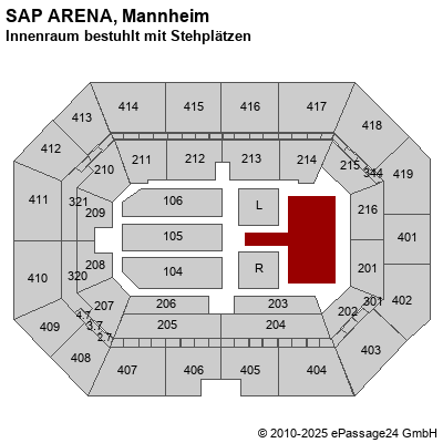 Saalplan SAP ARENA, Mannheim, Deutschland, Innenraum bestuhlt mit Stehplätzen