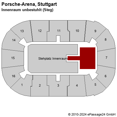 Saalplan Porsche-Arena, Stuttgart, Deutschland, Innenraum unbestuhlt (Steg)