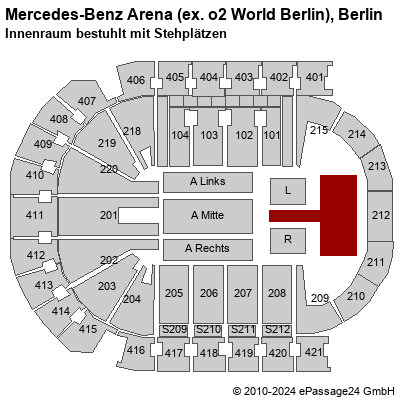 Saalplan Mercedes-Benz Arena (ex. o2 World Berlin), Berlin, Deutschland, Innenraum bestuhlt mit Stehplätzen