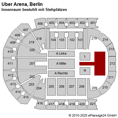 Saalplan Mercedes-Benz Arena (ex. o2 World Berlin), Berlin, Deutschland, Innenraum bestuhlt mit Stehplätzen