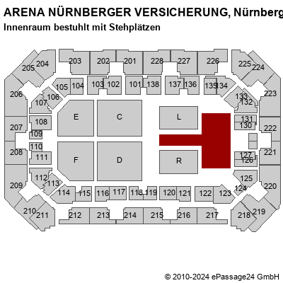 Saalplan ARENA NÜRNBERGER VERSICHERUNG, Nürnberg, Deutschland, Innenraum bestuhlt mit Stehplätzen