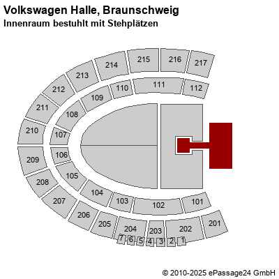 Saalplan Volkswagen Halle, Braunschweig, Deutschland, Innenraum bestuhlt mit Stehplätzen