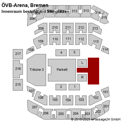 Saalplan ÖVB-Arena, Bremen, Deutschland, Innenraum bestuhlt mit Stehplätzen