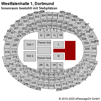 Saalplan Westfalenhalle 1, Dortmund, Deutschland, Innenraum bestuhlt mit Stehplätzen