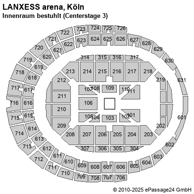 Saalplan LANXESS arena, Köln, Deutschland, Innenraum bestuhlt (Centerstage 3)