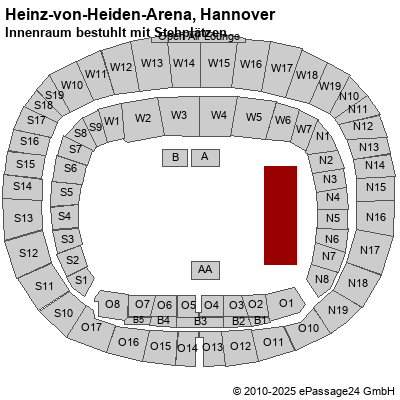 Saalplan Heinz-von-Heiden-Arena, Hannover, Deutschland, Innenraum bestuhlt mit Stehplätzen