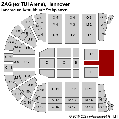 Saalplan ZAG (ex TUI Arena), Hannover, Deutschland, Innenraum bestuhlt mit Stehplätzen